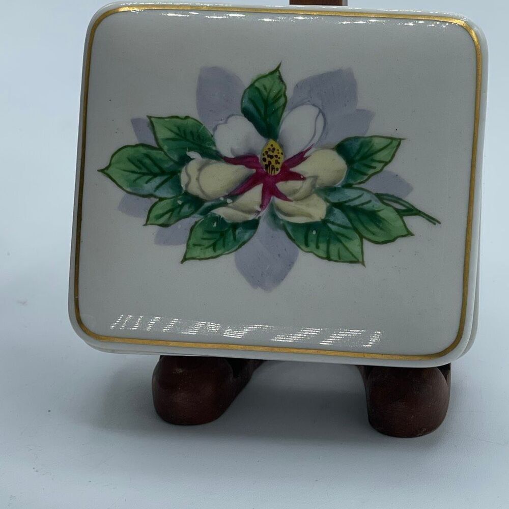 Vintage white ceramic trinket box magnolia pattern gold trim